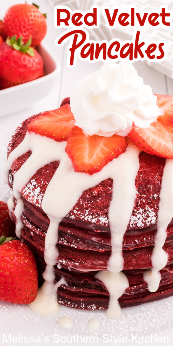 Everyone will love this Red Velvet Pancakes recipe that includes a decadent homemade cream cheese drizzle for the crowning touch #redvelvetrecipes #redvelvetpancakes #pancakerecipes #easypancakerecipe #redvelvetcake #southernredvelvetcake #ihop #creamcheeseglaze #chocolatepancakes #chocolaterecipes #mothersdaybrunch #valentinesday #fathersdaybrunch via @melissasssk