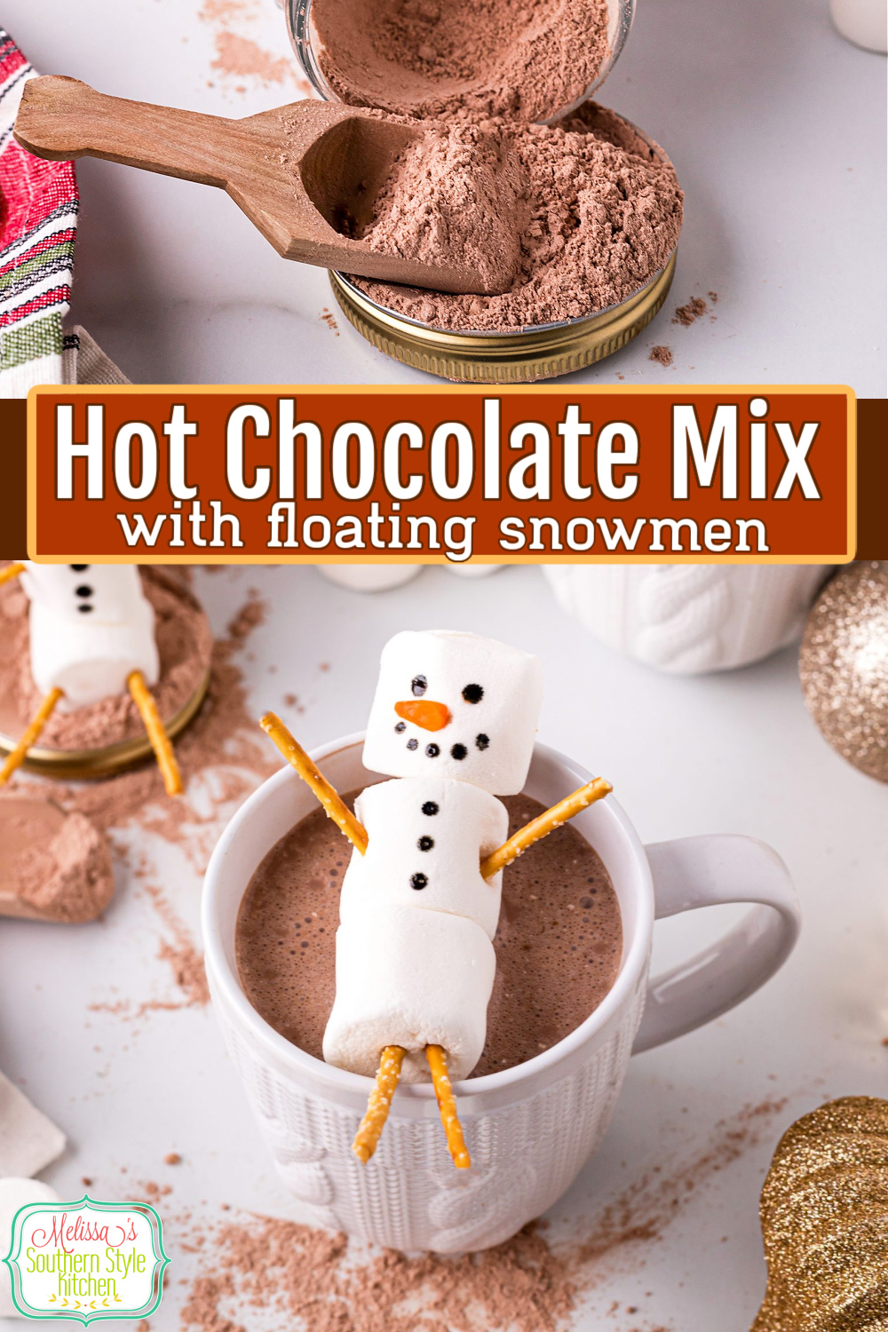 This oh-so-easy Hot Chocolate Mix topped with homemade floating snowmen is perfect for DIY family projects and homemade gift giving #hotchocolatemix #hotcocoa #hotchocolaterecipe #easyhotcocoa #hotchocolate #DIY #homemadegifts #chocolate via @melissasssk