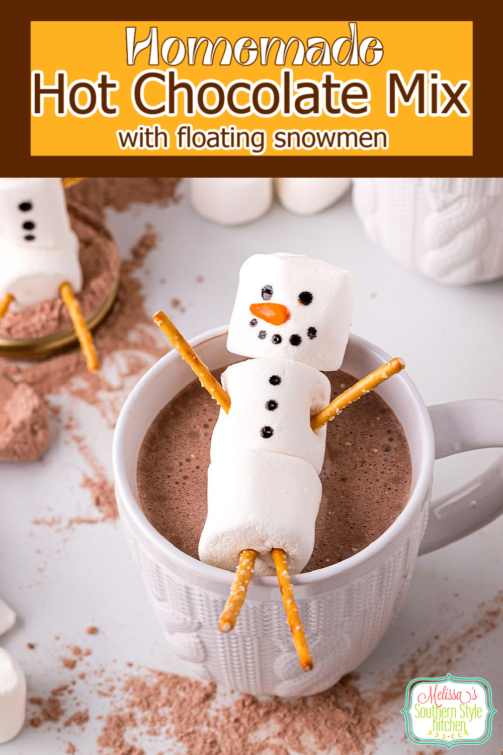 This oh-so-easy Hot Chocolate Mix topped with homemade floating snowmen is perfect for DIY family projects and homemade gift giving #hotchocolatemix #hotcocoa #hotchocolaterecipe #easyhotcocoa #hotchocolate #DIY #homemadegifts #chocolate