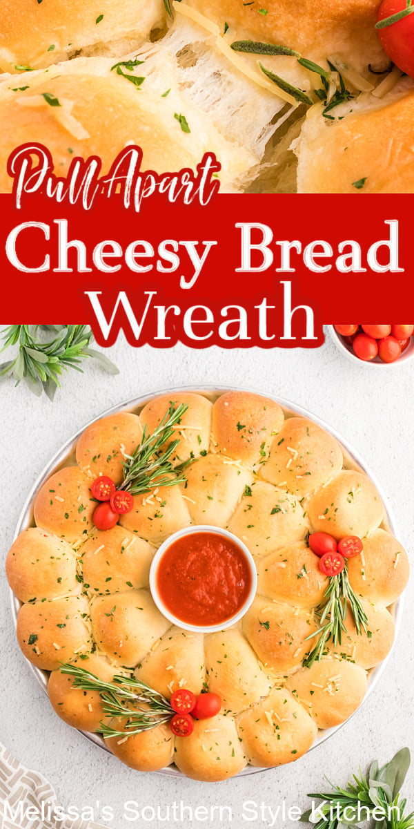 This gooey stuffed Pull Apart Cheesy Bread Wreath is guaranteed to bring holiday flair to the table #pullapartbread #cheesybread #garlicbread #pullapartbreadwreath #garlicbreadwreath #christmasrecipes #easybreadrecipes #easygarlicbread #pestobread
