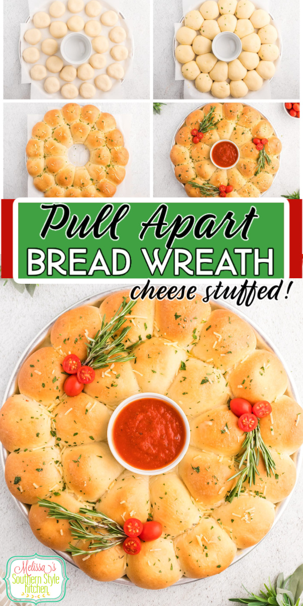 This gooey stuffed Pull Apart Cheesy Bread Wreath is guaranteed to bring holiday flair to the table #pullapartbread #cheesybread #garlicbread #pullapartbreadwreath #garlicbreadwreath #christmasrecipes #easybreadrecipes #easygarlicbread #pestobread via @melissasssk