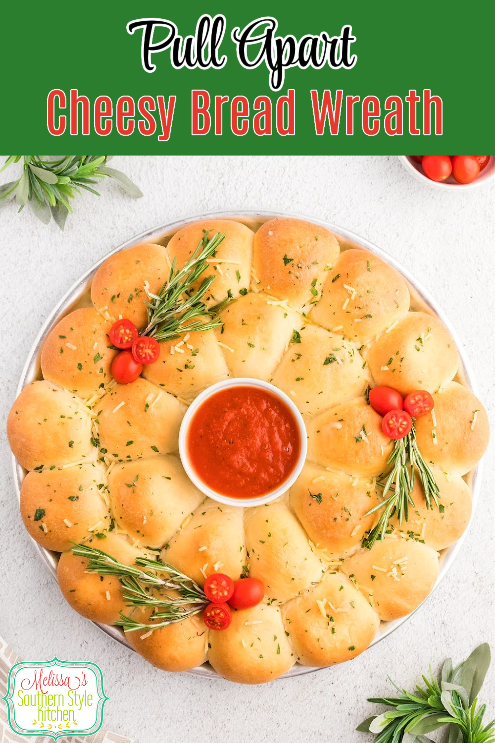 This gooey stuffed Pull Apart Cheesy Bread Wreath is guaranteed to bring holiday flair to the table #pullapartbread #cheesybread #garlicbread #pullapartbreadwreath #garlicbreadwreath #christmasrecipes #easybreadrecipes #easygarlicbread #pestobread