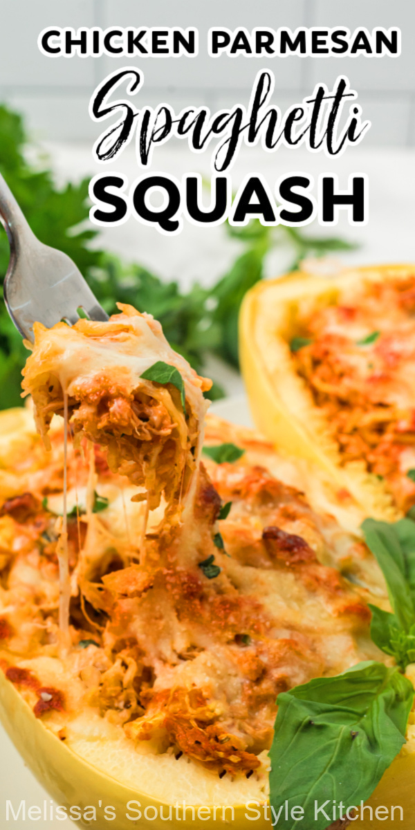 This stuffed Chicken Parmesan Spaghetti Squash is a tasty way to add a lower carb option to your dinner rotation #spaghettisquash #squashrecipes #chickenparmesan #parmesanchicken #cheesysquashrecipes #ketorecipes #lowcarbsquashrecipes #lowcarbrecipes via @melissasssk