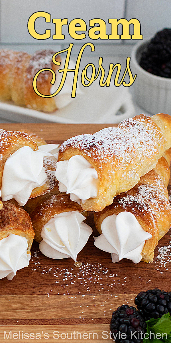 These puff pastry Cream Horns are filled with fresh whipped cream and dusted with powdered sugar for a handheld bakery-style treat #creamhorns #puffpastryrecipes #puffpastryhorns #cornicopia #whippedcreamfilledcreamhorns #southerndesserts #puffpastrydesserts