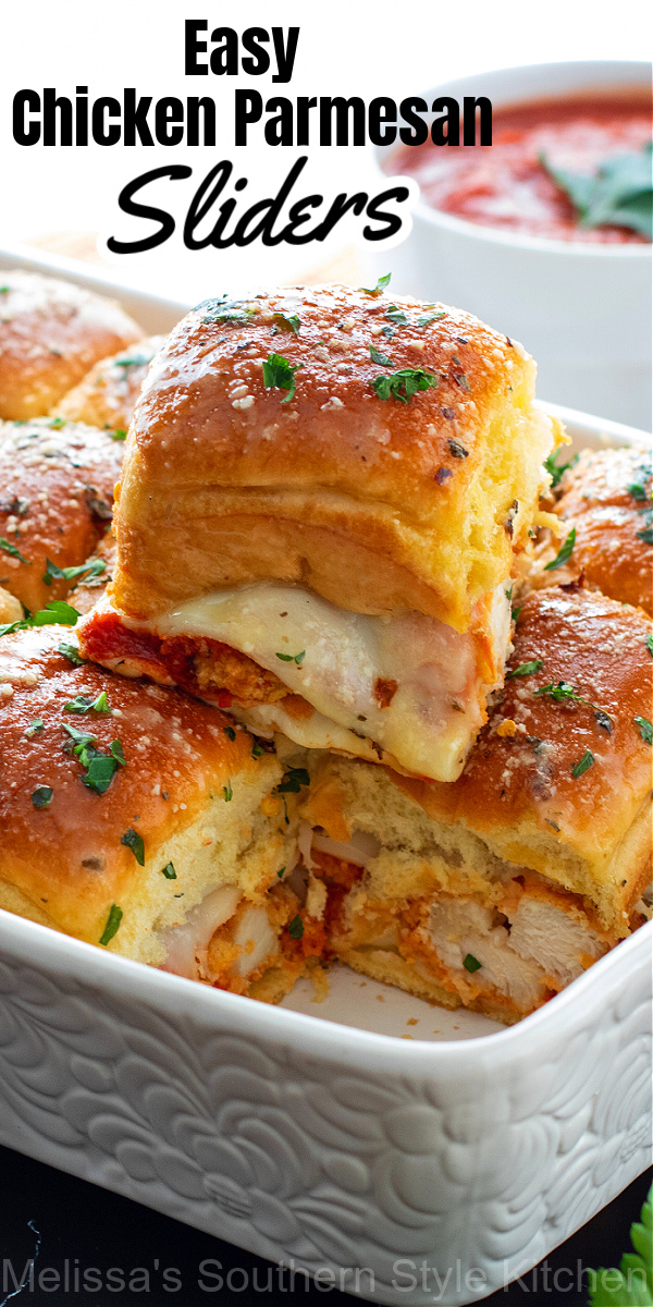 This recipe for gooey Chicken Parmesan Sliders is one that you can serve for snacking, game day and casual meals #chickensliders #chickenparmesan #easychickenrecipes #easysliders #gamedayfood #easychickenappetizers #sliderrolls via @melissasssk