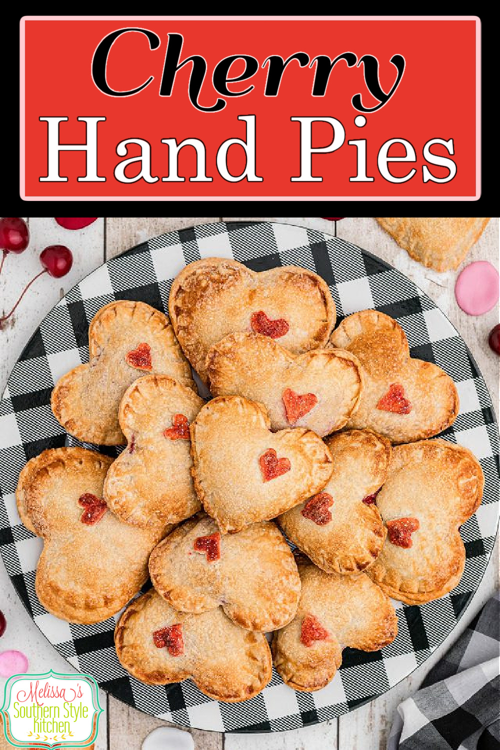 These heart shaped Cherry Hand Pies are a sensational homemade dessert that says "I love you" with each and  every bite #cherrypie #easycherrypierecipes #pies #valnetinesday #valnetinesdaydesserts #cherries #minipies #cherryhandpies #heartshapedcherrypies via @melissasssk