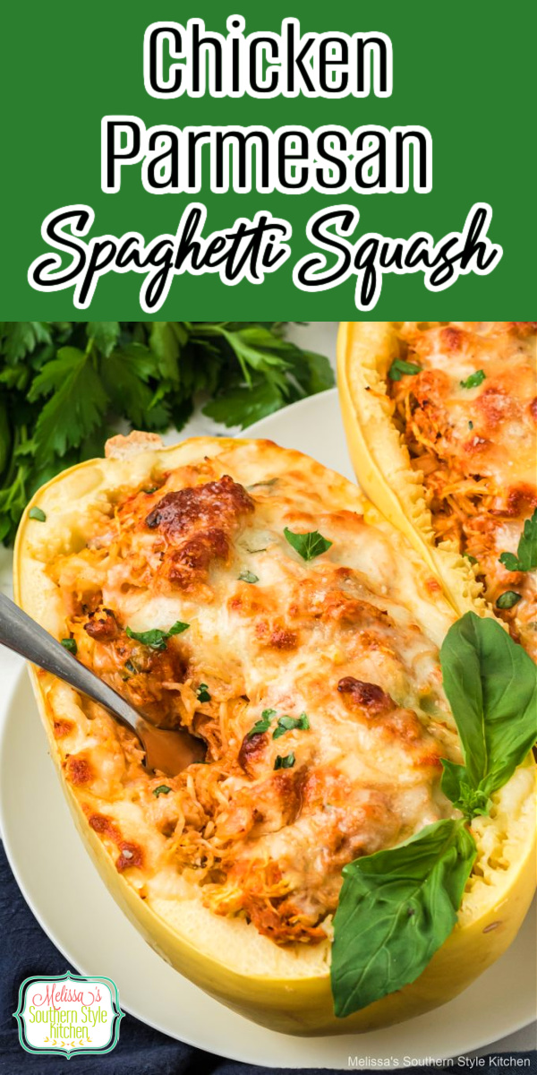 This stuffed Chicken Parmesan Spaghetti Squash is a tasty way to add a lower carb option to your dinner rotation #spaghettisquash #squashrecipes #chickenparmesan #parmesanchicken #cheesysquashrecipes #ketorecipes #lowcarbsquashrecipes #lowcarbrecipes