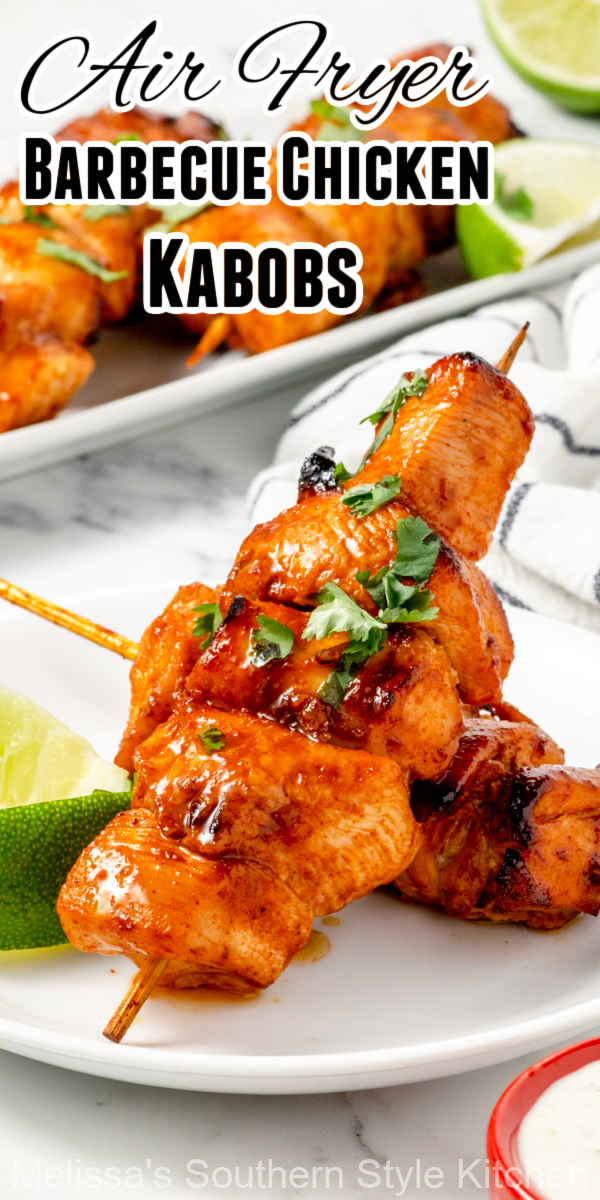 This recipe for juicy Air Fryer Barbecue Chicken Kabobs can be made in minutes with easy clean-up, too. Bonus grilling instructions included! #arifryerchicken #airfryerbarbecuechicken #barbecuechickenkabobs #grilledchicken #grilledbarbecuechicken #airfryerbarbecuechickenkabobs #easychickenrecipes #easychickenbreastrecipes