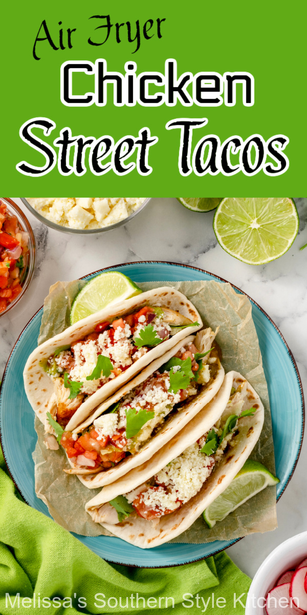 This easy salsa verde Chicken Street Tacos recipe can be made in an air fryer, on the grill or roasted in the oven! #airfryertacos #chickenstreettacos #tacorecipes #easychickenbreastrecipes #easystreettacos #tacotuesday #chickentacos #airfryerrecipes #grilledchickenrecipes