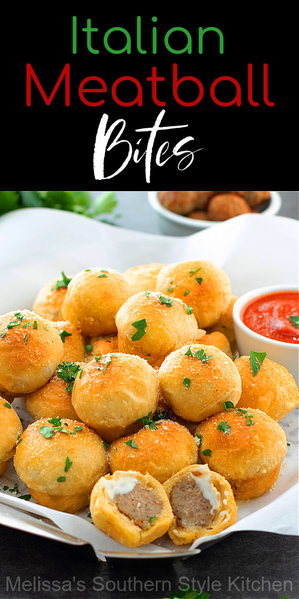 These two-bite biscuit wrapped Italian Meatball Bites are served with warm marinara sauce or pizza sauce for dipping #italianmeatballs #italianmealtballbites #meatballbites #biscuitbites #cannedbiscuitrecipes #cannedbiscuits #meatballrecipes