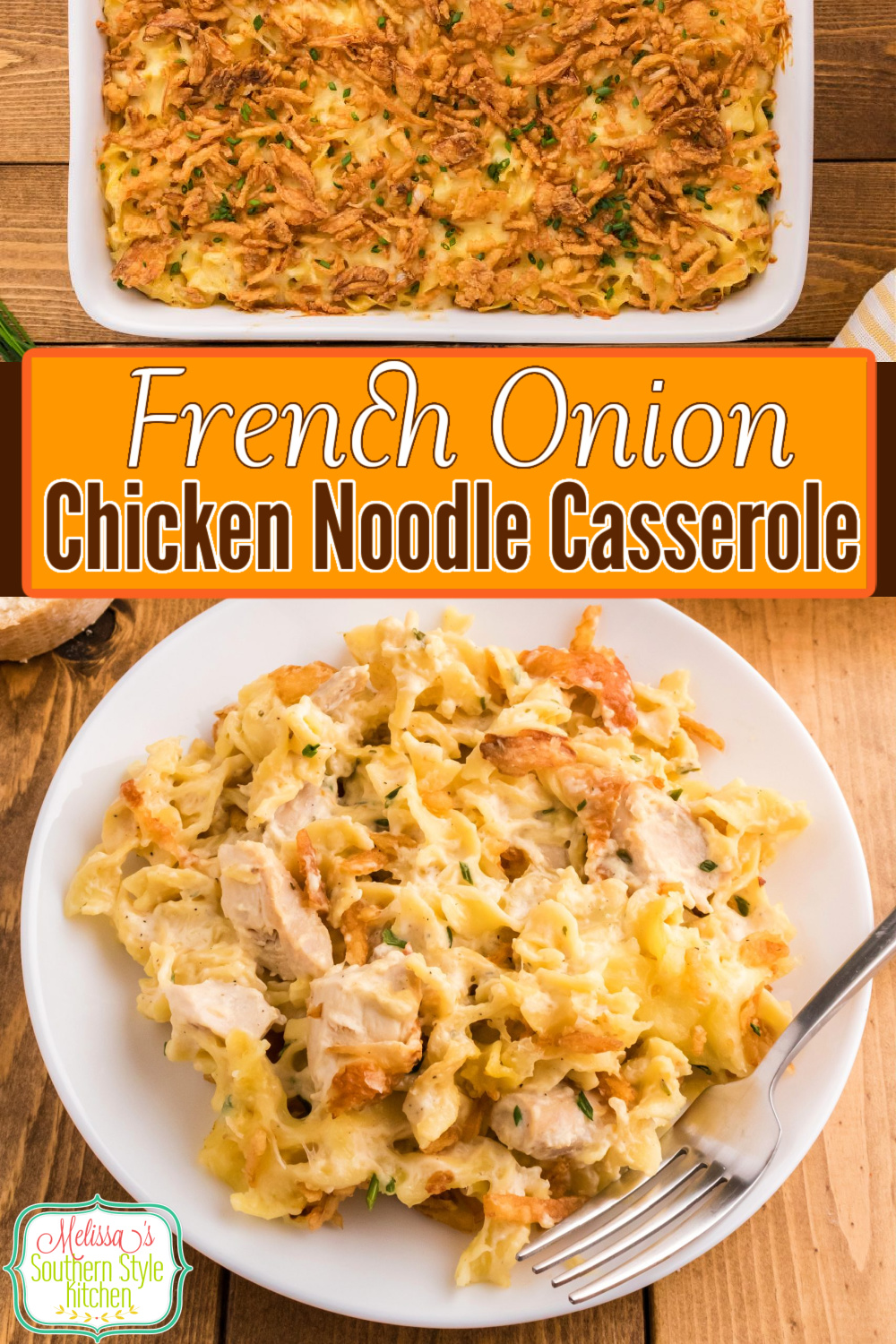 This easy French Onion Chicken Noodle Casserole will fill the hungry tummies at your table without breaking the bank #frenchonionchicken #chickencasseroles #chickennoodle #chickennoodlecasserole #casserolerecipes #frenchonion #easychickenbreastrecipes #casseroles via @melissasssk