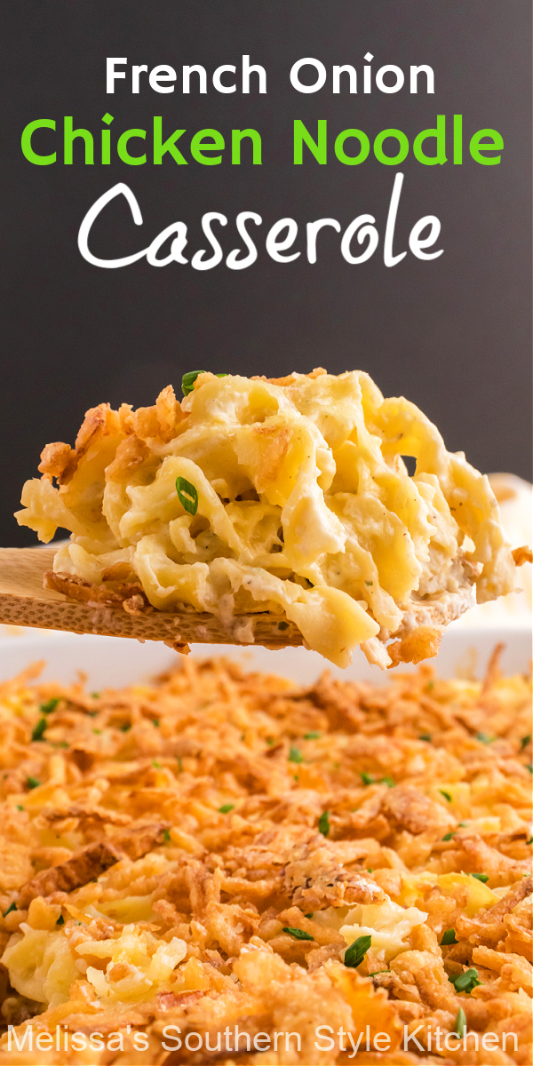 This easy French Onion Chicken Noodle Casserole will fill the hungry tummies at your table without breaking the bank #frenchonionchicken #chickencasseroles #chickennoodle #chickennoodlecasserole #casserolerecipes #frenchonion #easychickenbreastrecipes #casseroles