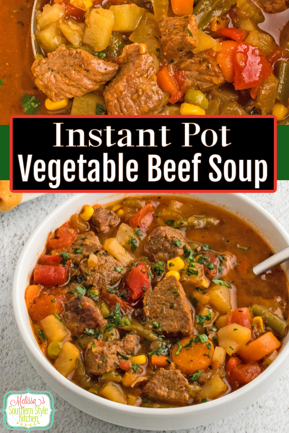 This Instant Pot Vegetable Beef Soup results in a flavorful soup with tender and juicy chunks of beef.  Bonus, stovetop instructions included! #instantpot #instantpotsoup #souprecipes #vegetablebeefsoup #beef #souprecipes #instantpotvegetablebeefsoup via @melissasssk