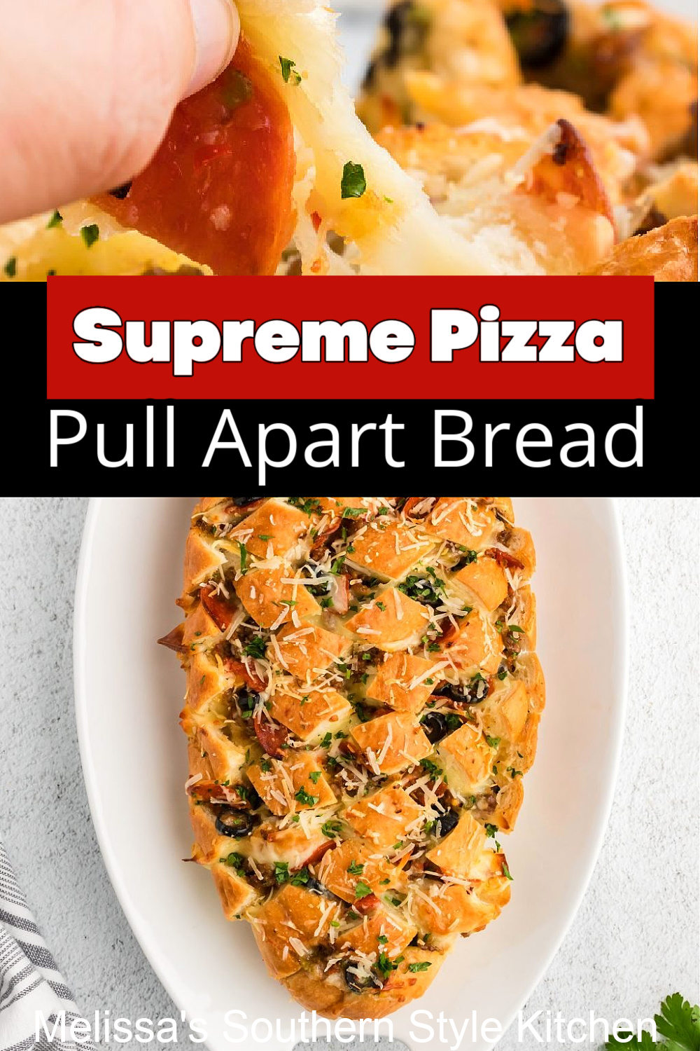 This irresistible Supreme Pizza Pull Apart Bread turns an inexpensive loaf of bread into a delicious gooey treat #pizzabread #pullapartbread #pizzarecipes #frenchbread #appetizers #superbowlparty #partyrecipes #easypizzarecipes