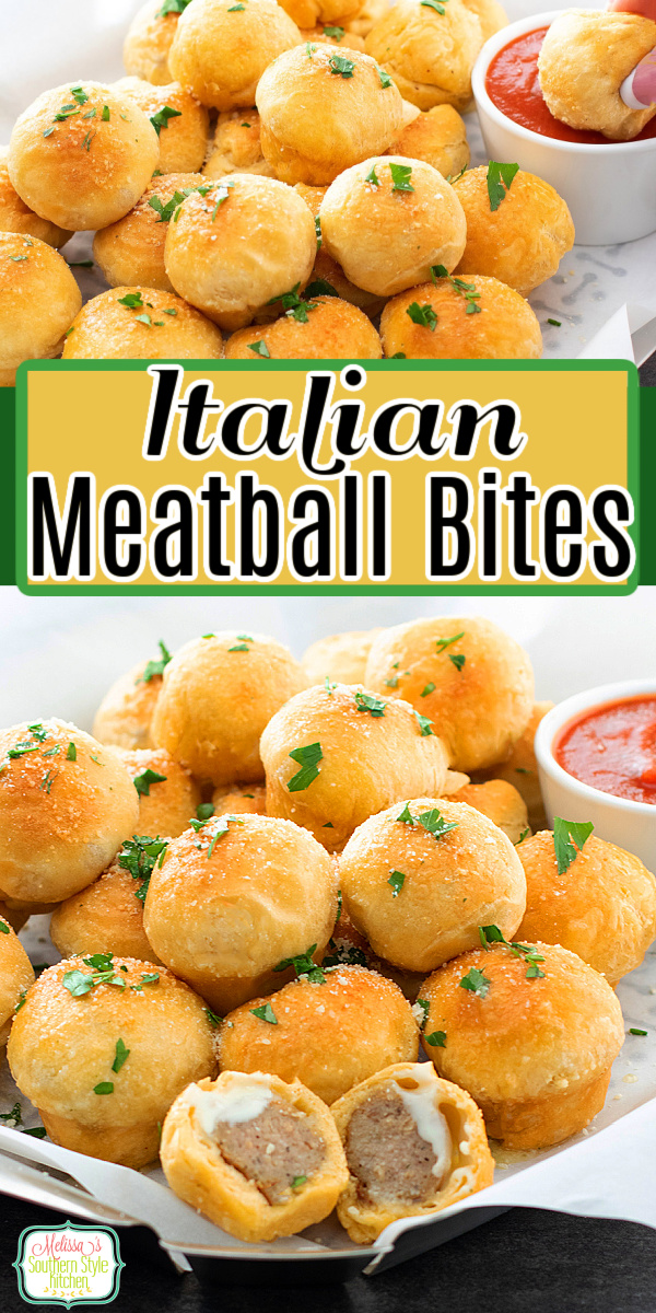 These two-bite biscuit wrapped Italian Meatball Bites are served with warm marinara sauce or pizza sauce for dipping #italianmeatballs #italianmealtballbites #meatballbites #biscuitbites #cannedbiscuitrecipes #cannedbiscuits #meatballrecipes via @melissasssk