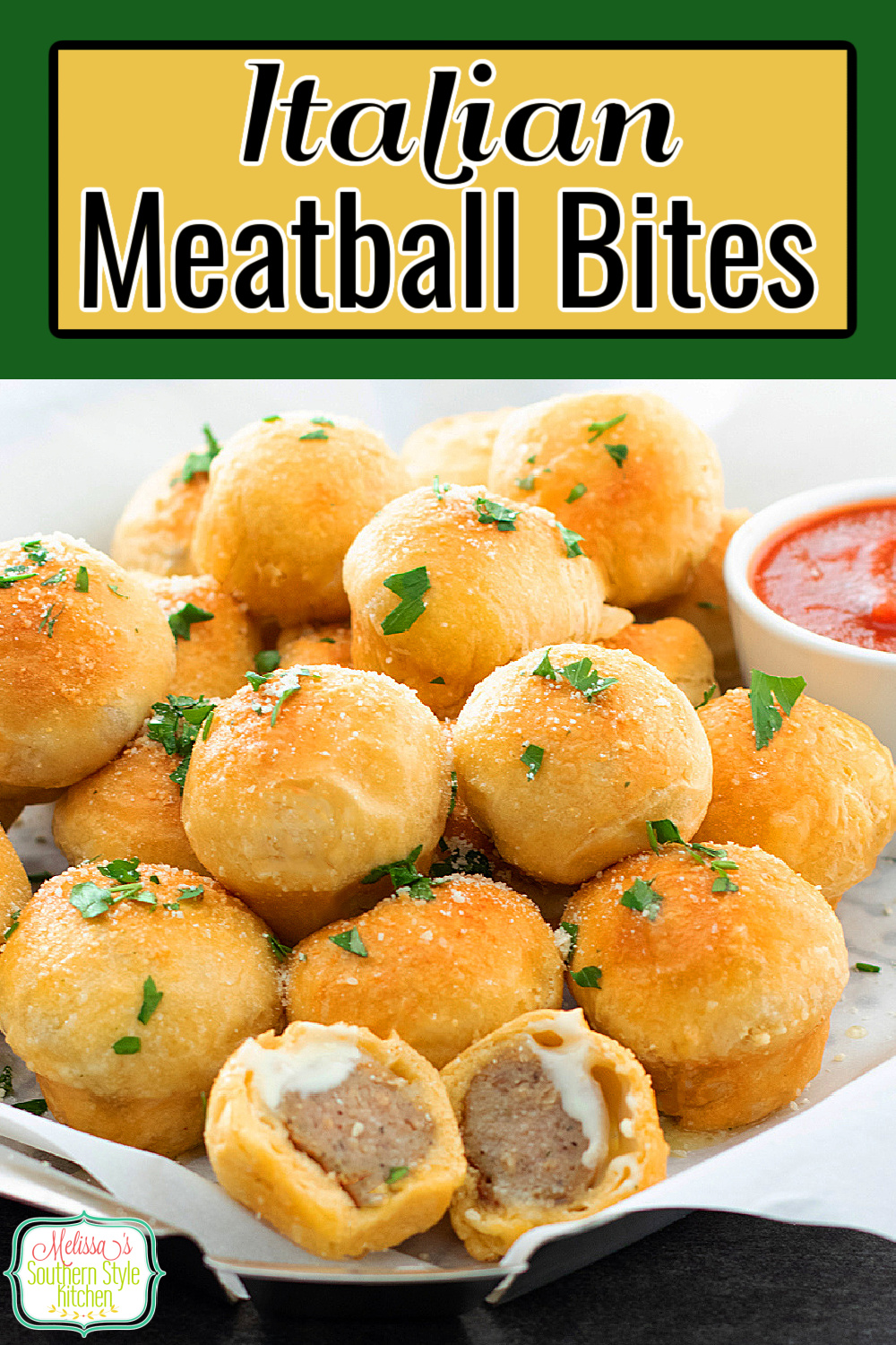 These two-bite biscuit wrapped Italian Meatball Bites are served with warm marinara sauce or pizza sauce for dipping #italianmeatballs #italianmealtballbites #meatballbites #biscuitbites #cannedbiscuitrecipes #cannedbiscuits #meatballrecipes via @melissasssk