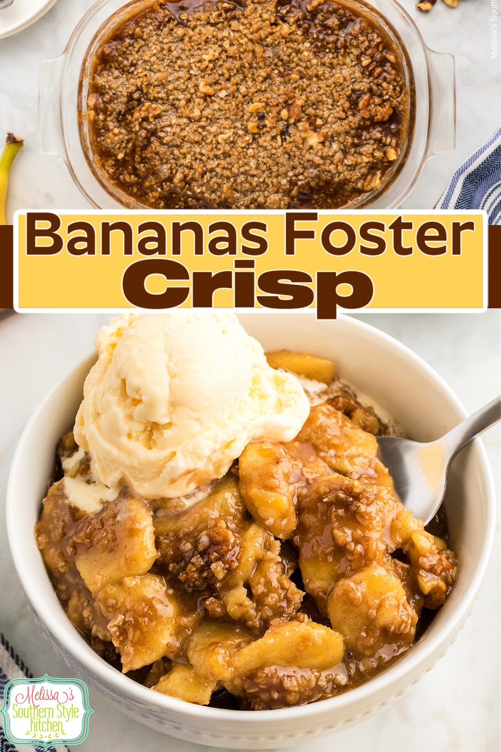 This Bananas Foster Crisp is a riff on a NOLA classic that features bananas covered in a rich caramel sauce and baked with a crispy topping. #bananasfoster #bananadesserts #bananacrisp #caramel #bananas #crisprecipes #southerndesserts #NOLA #mardigras via @melissasssk