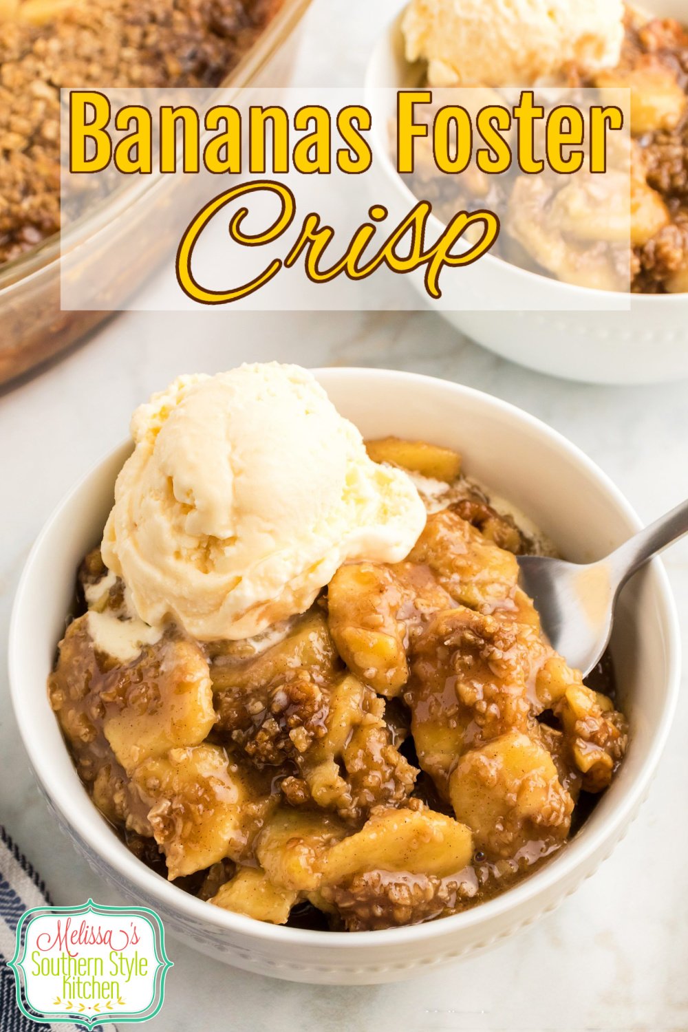 This Bananas Foster Crisp is a riff on a NOLA classic that features bananas covered in a rich caramel sauce and baked with a crispy topping. #bananasfoster #bananadesserts #bananacrisp #caramel #bananas #crisprecipes #southerndesserts #NOLA #mardigras