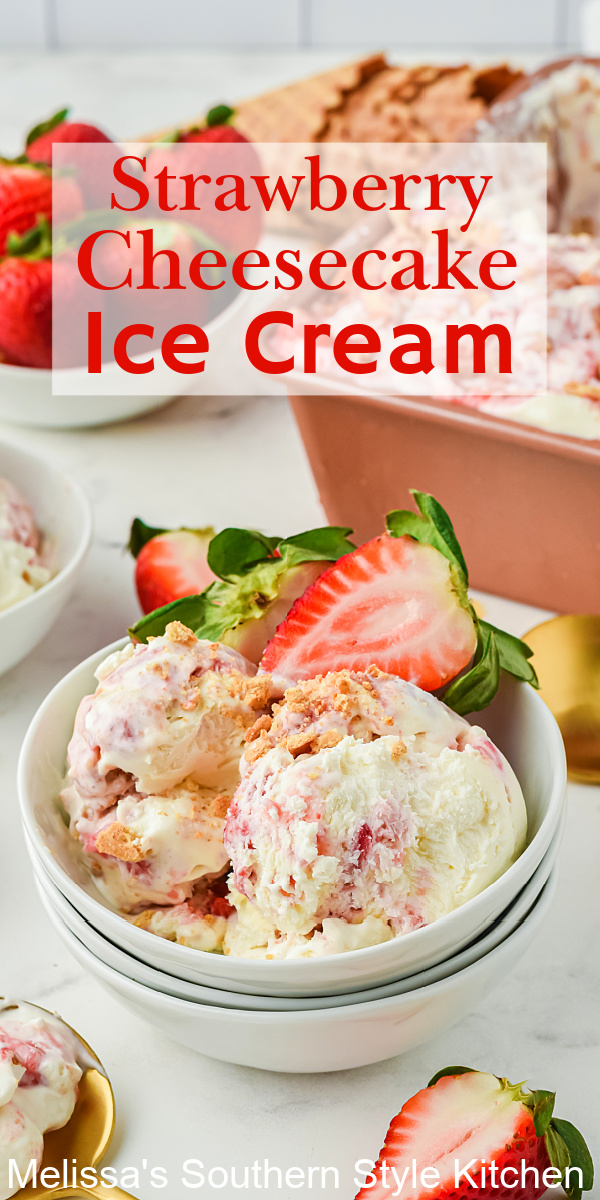 This no churn Strawberry Cheesecake Ice Cream recipe features a creamy cheesecake flavor with fresh strawberries and crushed graham crackers #nochurnicecream #strawberrycheesecakeicecream #icecreamrecipes #easynochurnicecream #strawberryrecipes #strawberries via @melissasssk