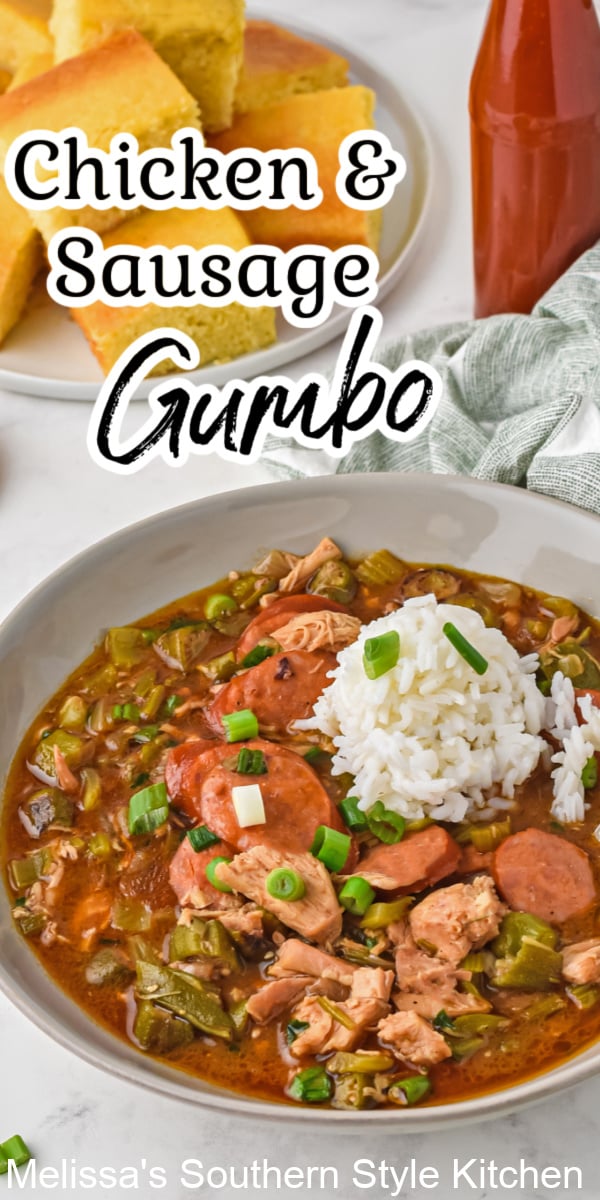 Top a big bowl of Chicken and Sausage Gumbo with a scoop of rice then add a side of cornbread for a taste of the South in your mouth.  #gumbo #NOLArecipes #neworleansgumbo #cajunrecipes #creolerecipes #mardisgrasrecipes #easychickenrecipes #andouillesausage #chickenandsaisagegumbo