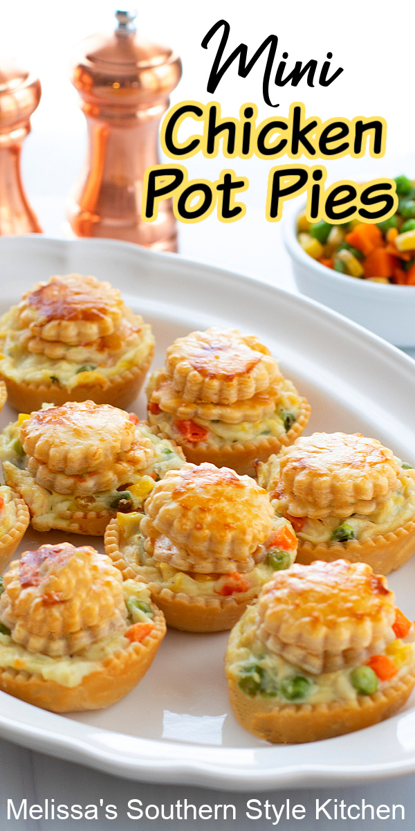 These Mini Chicken Pot Pies are perfect when you're cooking for one or two people or those times when a single serving entrée is on the menu #chickenpotpie #minipotpies #bestchickenpotpierecipe #easychickenrecipes #muffinpanrecipes #minichickenpotpies #southernchickenpotpierecipe #southernrecipes