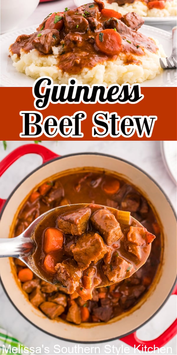 This mouthwatering Guinness Beef Stew features a rich full bodied broth that's perfectly seasoned and filled with fresh vegetables #guinnessstew #guinnessbeefstew #beefrecipes #stew #easybeefstew #guinness #stpatricksday #stpatricksdayrecipes