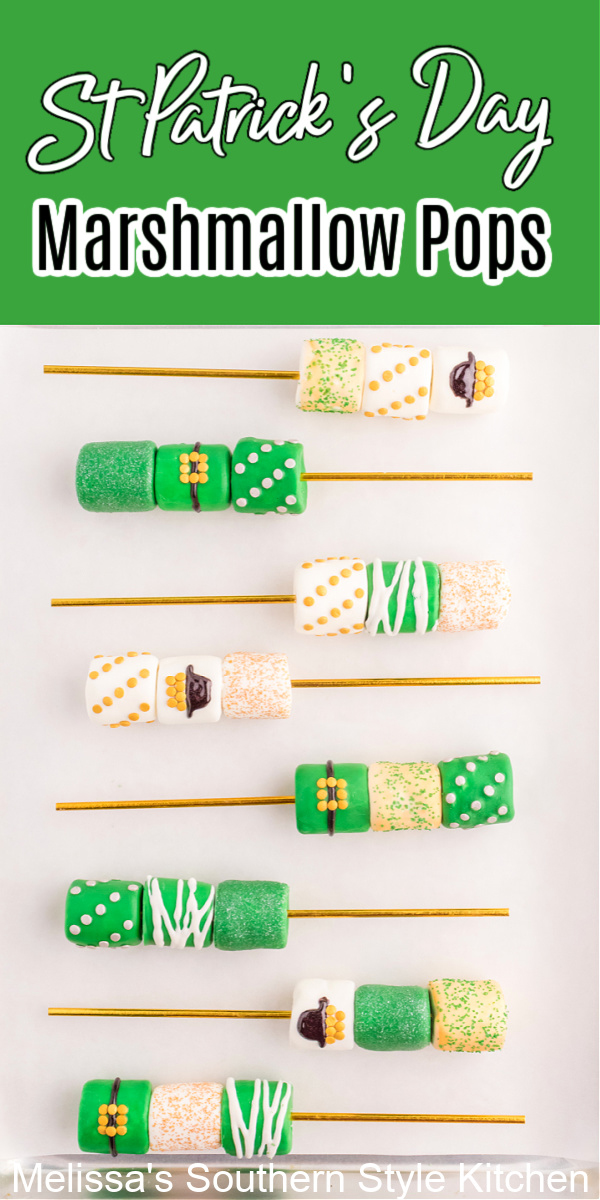 These fun Marshmallow Pops for St Patrick's Day are the ideal edible craft to make! #marshmallowpops #candymelts #stpatricksdaydesserts #stpatricksday #dessertrecipes #marshamallowpops #candy #holidayrecipes #marshmallows