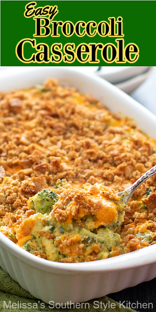 This Southern style Easy Broccoli Casserole recipe is a delicious side dish option for family dinners, Sunday supper and holiday gatherings #broccolicasserole #broccolicheesecasserole #sidedishrecipes #southernrecipes #southernstylecasseroles #broccolicheddarcasserole #broccolirecipes