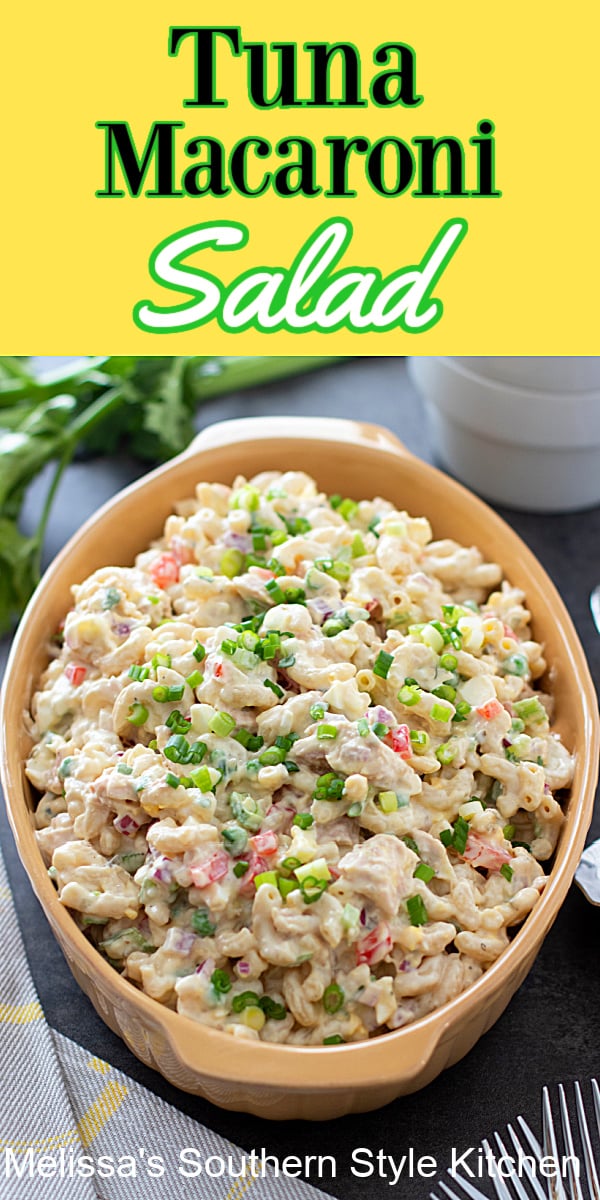 This Southern Tuna Macaroni Salad Recipe is packed with albacore tuna, macaroni and fresh vegetables tossed with a creamy homemade dressing #macaronisalad #southernsalads #tunamacaronisalad #saladrecipes #bestmacaronisalad #saladeecipes #easymacaronisalad