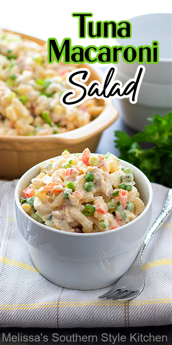 This Southern Tuna Macaroni Salad Recipe is packed with albacore tuna, macaroni and fresh vegetables tossed with a creamy homemade dressing #macaronisalad #southernsalads #tunamacaronisalad #saladrecipes #bestmacaronisalad #saladeecipes #easymacaronisalad