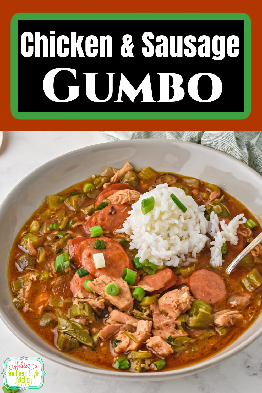 Top a big bowl of Chicken and Sausage Gumbo with a scoop of rice then add a side of cornbread for a taste of the South in your mouth.  #gumbo #NOLArecipes #neworleansgumbo #cajunrecipes #creolerecipes #mardisgrasrecipes #easychickenrecipes #andouillesausage #chickenandsaisagegumbo via @melissasssk