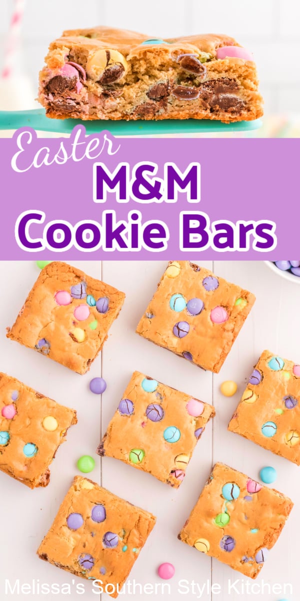 These colorful Easter M&M Cookie Bars are perfect for any spring celebration #cookiebars #easterdesserts #eastercookiebars #m&m #m&mcookies #cookierecipes #easterrecipes #easterblondies