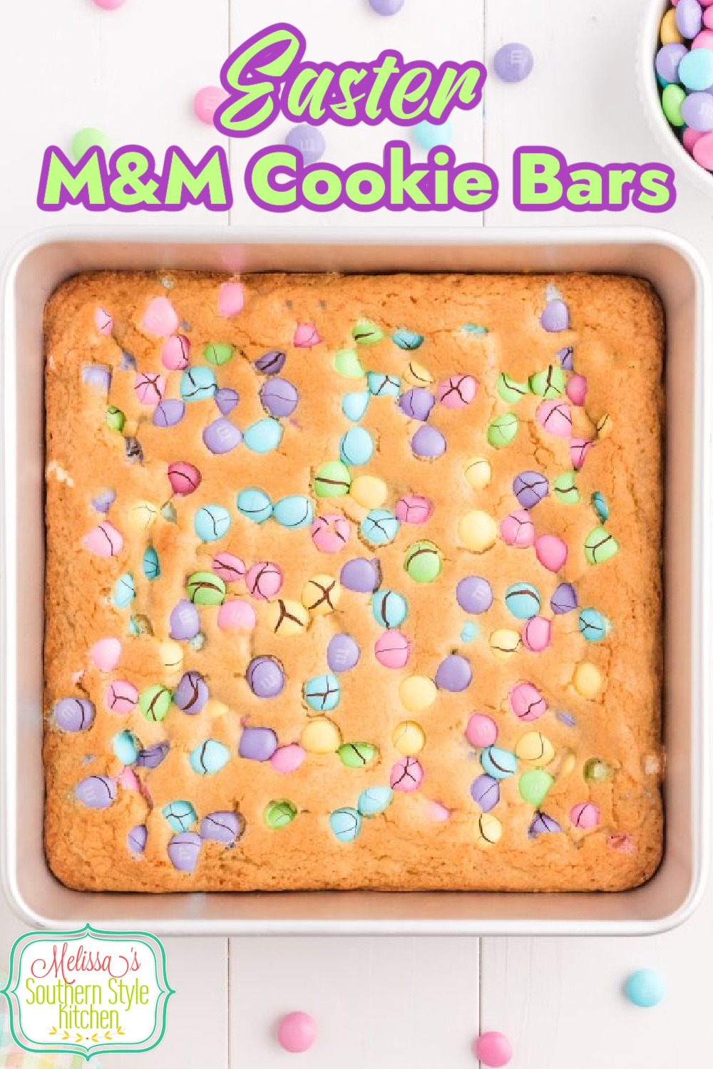 These colorful Easter M&M Cookie Bars are perfect for any spring celebration #cookiebars #easterdesserts #eastercookiebars #m&m #m&mcookies #cookierecipes #easterrecipes #easterblondies