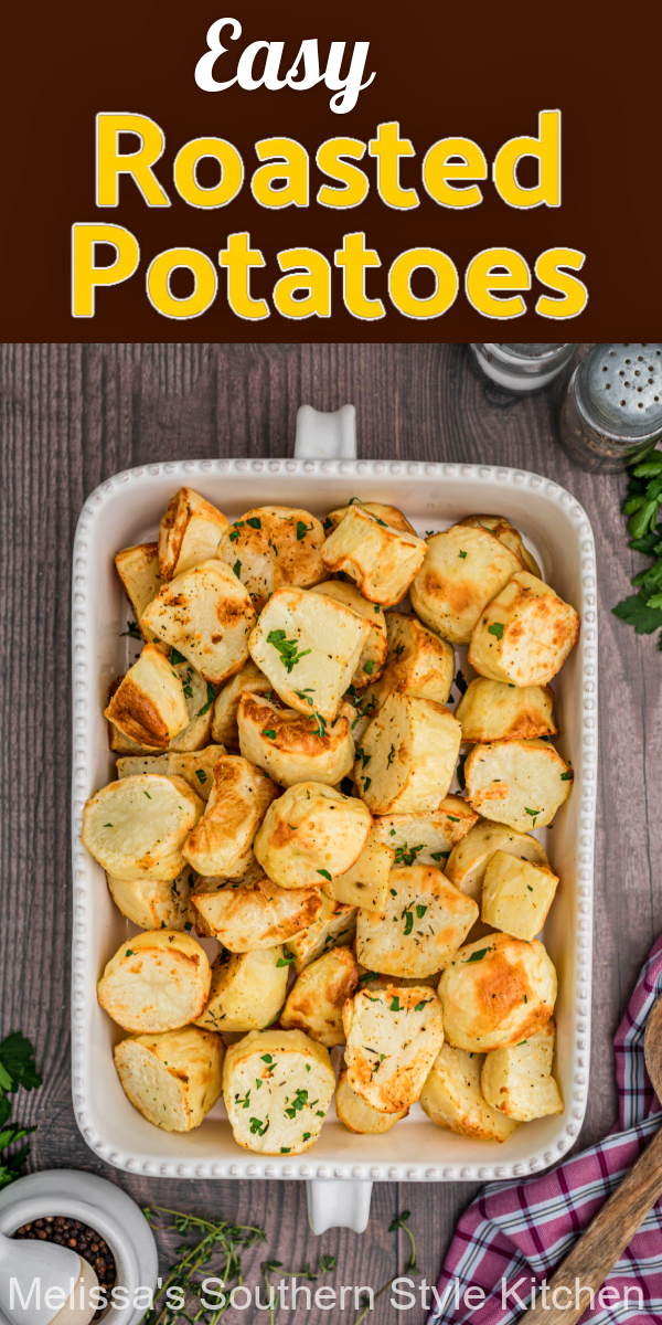 This recipe for Easy Oven Roasted Potatoes is one you'll return to over and over again #roastpotatoes #potatorecipes #ovenroastedpotatoes #russetpotatoes #potatoes #sidedishrecipes #easypotatorecipes