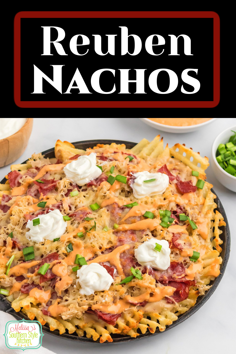 This Reuben Nachos Recipe is pub-style food featuring waffle fries drizzled with a beer cheese sauce #irishnachos #reubens #reubennachos #nachosrecipes #wafflefries #potatoes #appetizers #gamedayrecipes #cornedbeef #reubenrecipes #stpatricksdayrecipes #stpaddys via @melissasssk