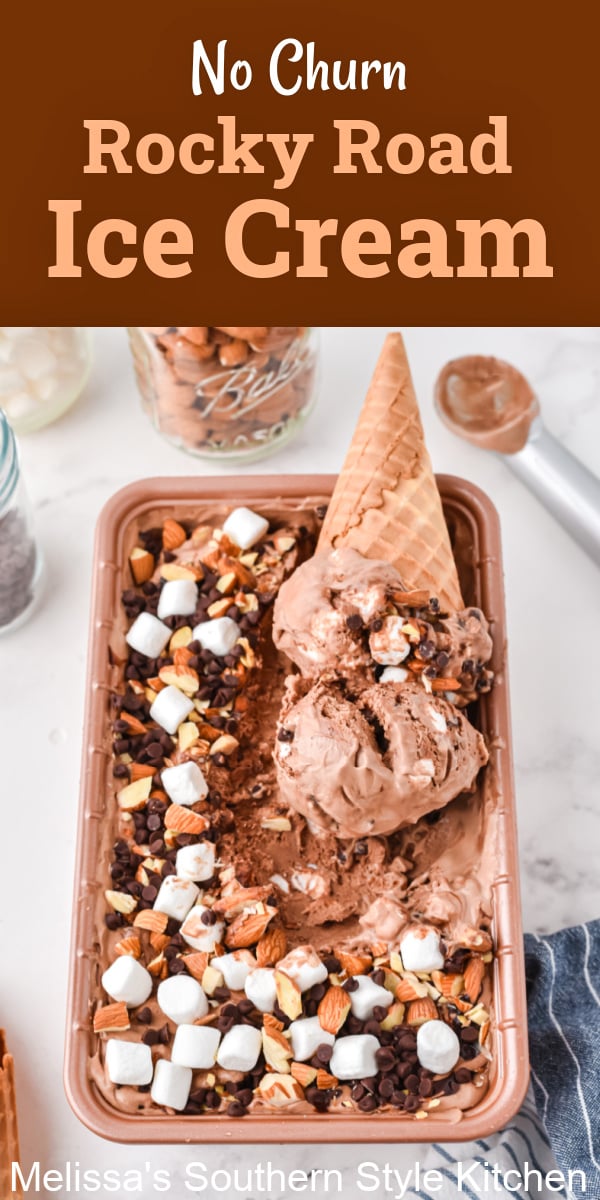 This no churn Rocky Road Ice Cream recipe is filled with toasted almonds, mini marshmallows and mega swirls of chocolate #rockyroadicecream #chocolateicecream #nochurnicecream #icecreamrecipes #beasyicecreamrecipe #southerndesserts