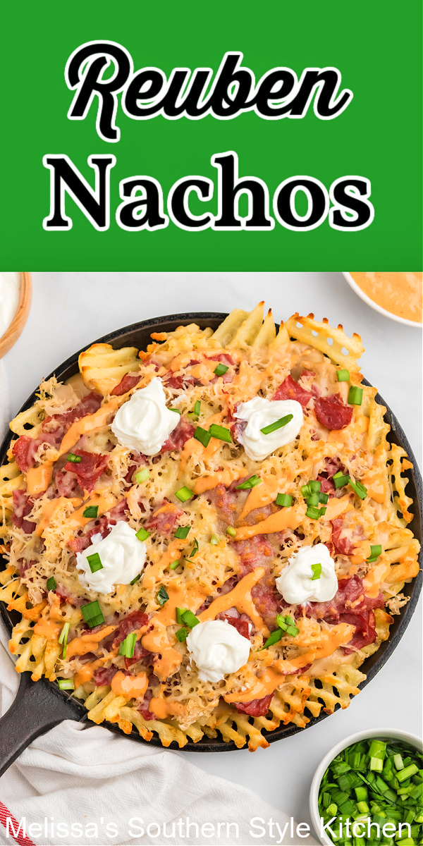 This Reuben Nachos Recipe is pub-style food featuring waffle fries drizzled with a beer cheese sauce #irishnachos #reubens #reubennachos #nachosrecipes #wafflefries #potatoes #appetizers #gamedayrecipes #cornedbeef #reubenrecipes #stpatricksdayrecipes #stpaddys
