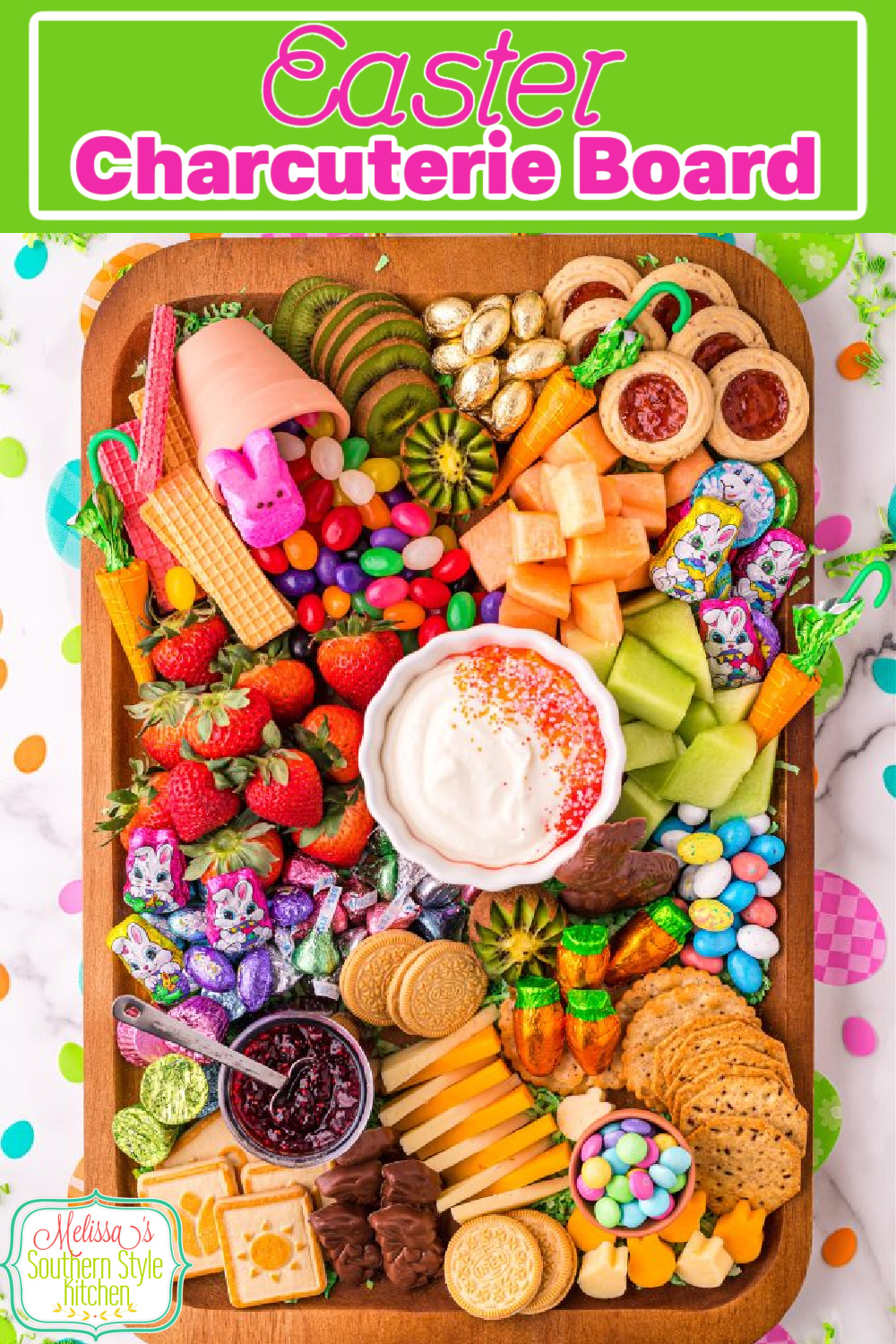 Fill this Easter Charcuterie Board with sweet and salty snacks perfect for your Easter gathering #easter #easterrecipes #desserts #charcuterie #eastercharcuterie #dessertboards #butterboard #dessertrecipes