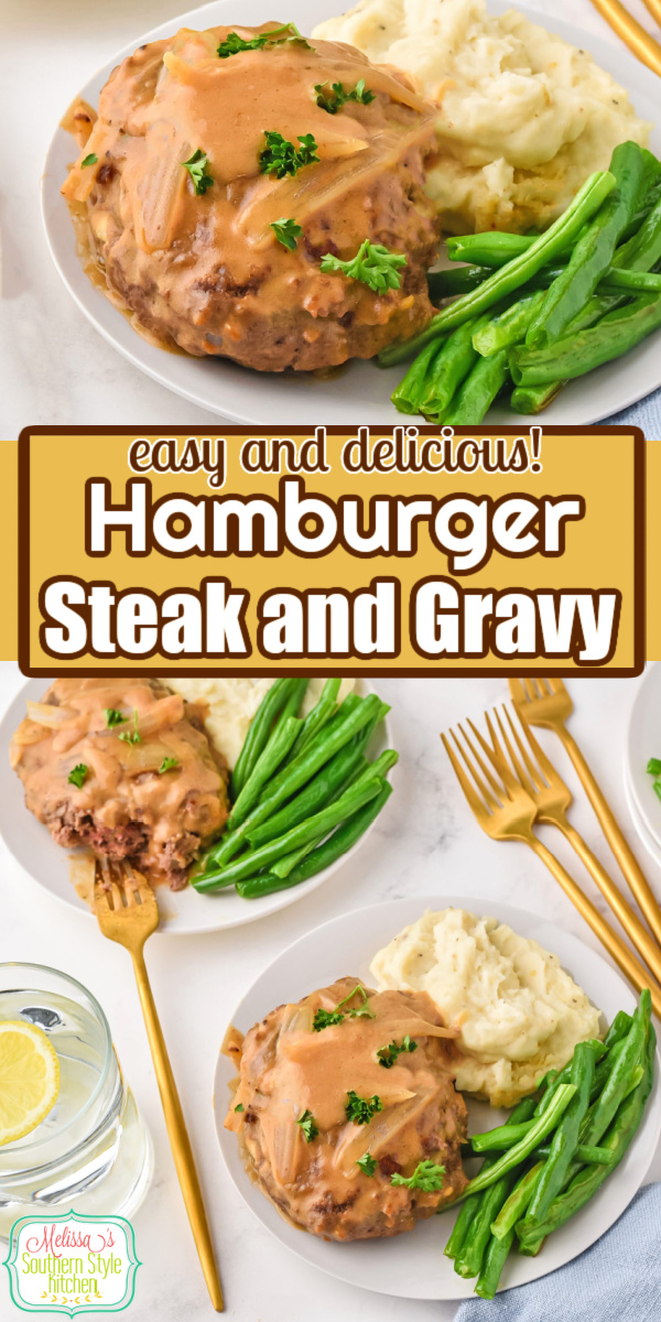 This easy Hamburger Steak recipe is smothered with a rich homemade onion gravy. It's a Southern style feast with a side of mashed potatoes #hamburgersteak #besthamburgerrecipes #southernhamburgersteak #oniongravy #salisburysteak #easyhamburgersteaks #easygroundbeefrecipes via @melissasssk
