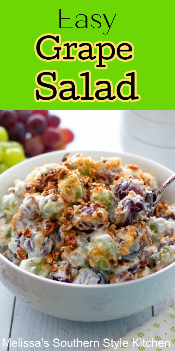 This vintage creamy Grape Salad Recipe takes minutes to make and can be served as a delicious last minute side dish or as an easy dessert #grapesalad #easyfruitsalad #grapesaladrecipe #grapes #easydessertrecipes #bestgrapesaladrecipe #creamygrapesalad via @melissasssk