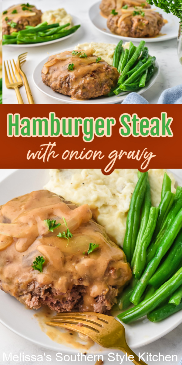 This easy Hamburger Steak recipe is smothered with a rich homemade onion gravy. It's a Southern style feast with a side of mashed potatoes #hamburgersteak #besthamburgerrecipes #southernhamburgersteak #oniongravy #salisburysteak #easyhamburgersteaks #easygroundbeefrecipes