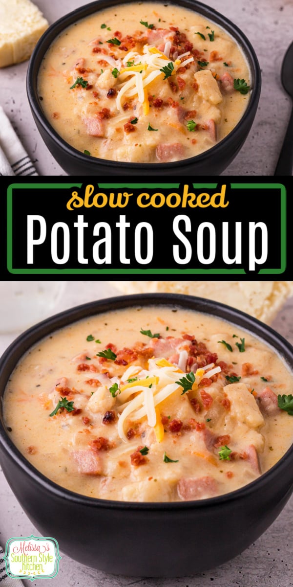 This recipe for cheesy Slow Cooker Potato Soup with ham is a bowl full of comfort food #potatosoup #slowcookedpotatosoup #potatosoupwitham #hamandpotatosoup #crockpotsouprecipes #easypotatosoup via @melissasssk