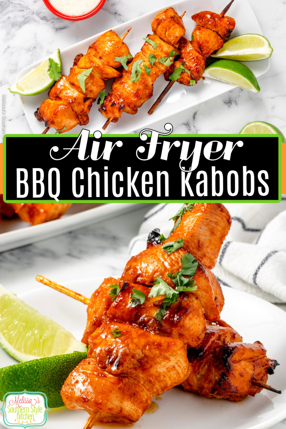 This recipe for juicy Air Fryer Barbecue Chicken Kabobs can be made in minutes with easy clean-up, too. Bonus grilling instructions included! #arifryerchicken #airfryerbarbecuechicken #barbecuechickenkabobs #grilledchicken #grilledbarbecuechicken #airfryerbarbecuechickenkabobs #easychickenrecipes #easychickenbreastrecipes via @melissasssk