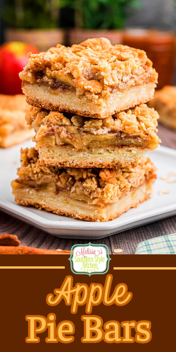 These homemade Apple Pie Bars feature a shortbread crust filled with cinnamon sugar coated apples and topped with a buttery streusel topping #applepiebars #applepie #apples #appledesserts #caramelapples #fallbaking #falldesserts via @melissasssk