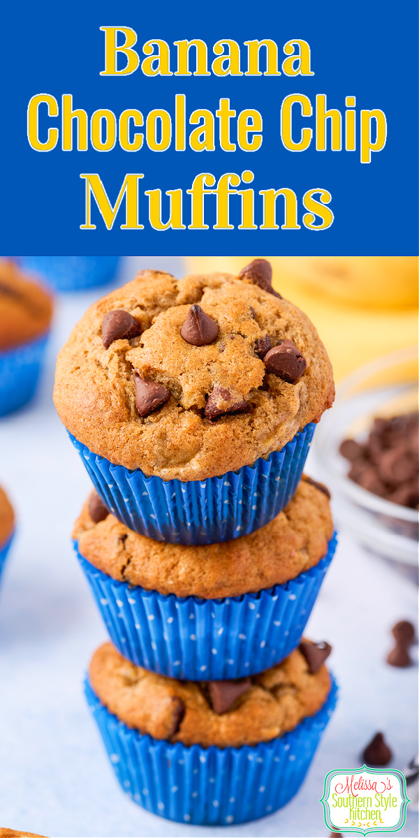 This Banana Chocolate Chip Muffins recipe features a moist homemade banana batter that's dressed up with a heaping helping of chocolate chips. #bananamuffins #chocolatechipmuffins #muffinsrecipes #bananabread #bananas #bananarecipes #easymuffinsrecipe