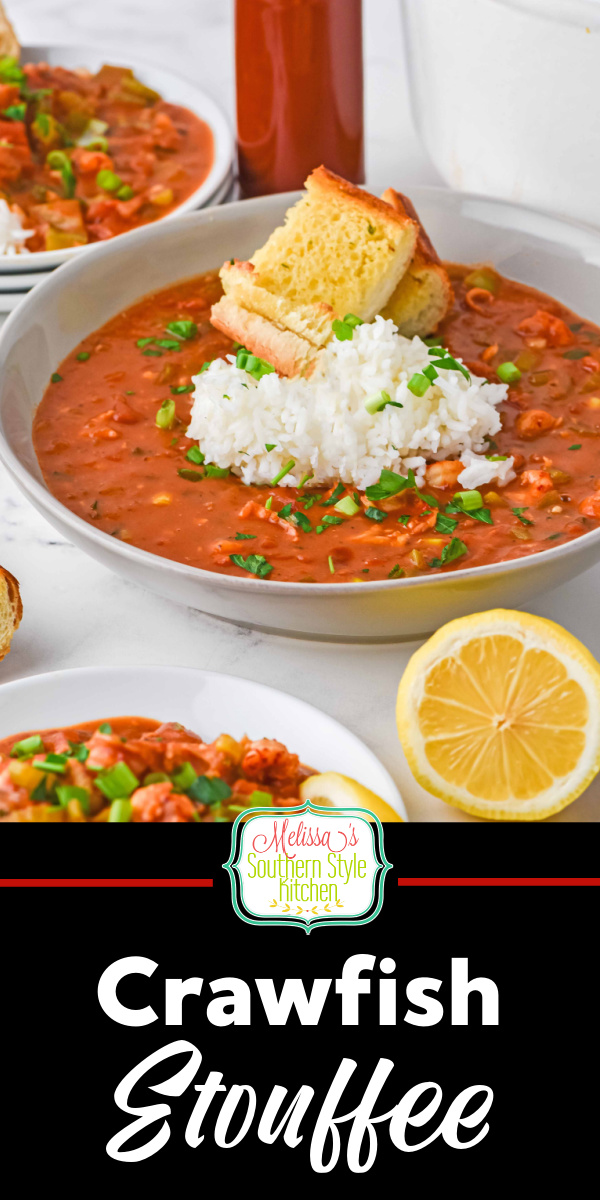 Serve this Crawfish Etouffee recipe with cooked rice for a taste of Louisiana for dinner #crawfishrecipes #etouffee #crawfishetouffee #cajunrecipes #shellfishrecipes #creolerecipes #southernrecipes #seafoodrecipes #easyetouffeerecipe