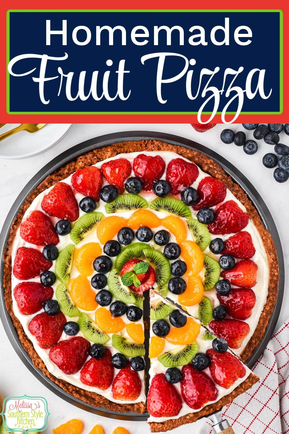 This Fruit Pizza recipe features a homemade cookie crust topped with a variety of colorful fruit and cream cheese filling #fruitpizza #easyfruitpizzarecipe #howtomakefruitpizza #fruitsalad #fruitrecipes #rfruitdessertrecipes via @melissasssk