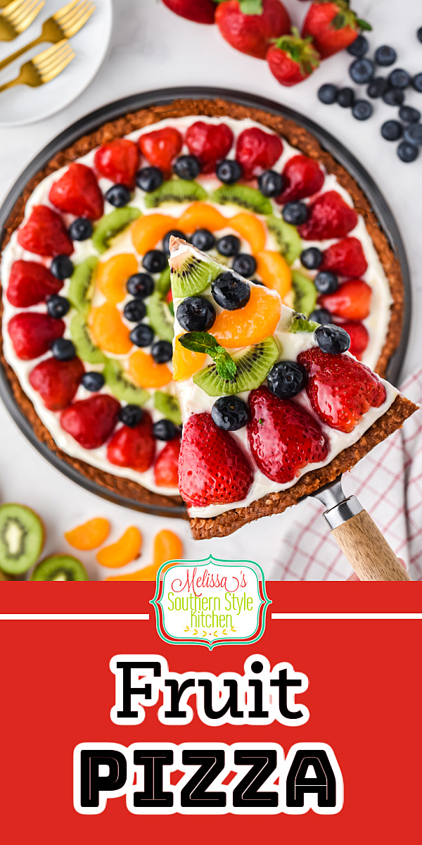 This Fruit Pizza recipe features a homemade cookie crust topped with a variety of colorful fruit and cream cheese filling #fruitpizza #easyfruitpizzarecipe #howtomakefruitpizza #fruitsalad #fruitrecipes #rfruitdessertrecipes