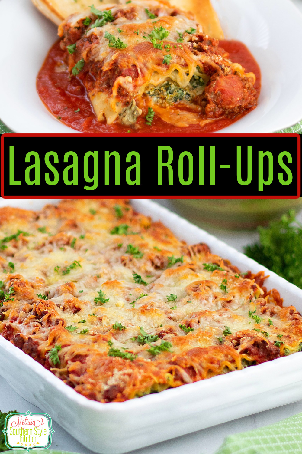 These easy Lasagna Roll-Ups feature a spinach and ricotta filling that are drizzled with a simple homemade meat sauce before baking #lasagna #lasaganrollups #rollupsrecipe #meatsauce #Italianfood #pastarecipes #homemadelasagna #spinach #bestlasagnarollupsrecipe via @melissasssk