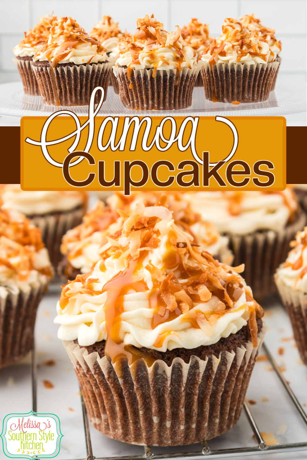 This Samoa Cupcakes recipe features a chocolate cupcake and buttercream icing topped with toasted coconut and a drizzle of caramel sauce. #samoacookies #samoacupcakes #easycupcakerecipes #howtomakecupcakes #chocolatecake #chocolatecupcakes #cupcakerecipes #buttercreamicing via @melissasssk